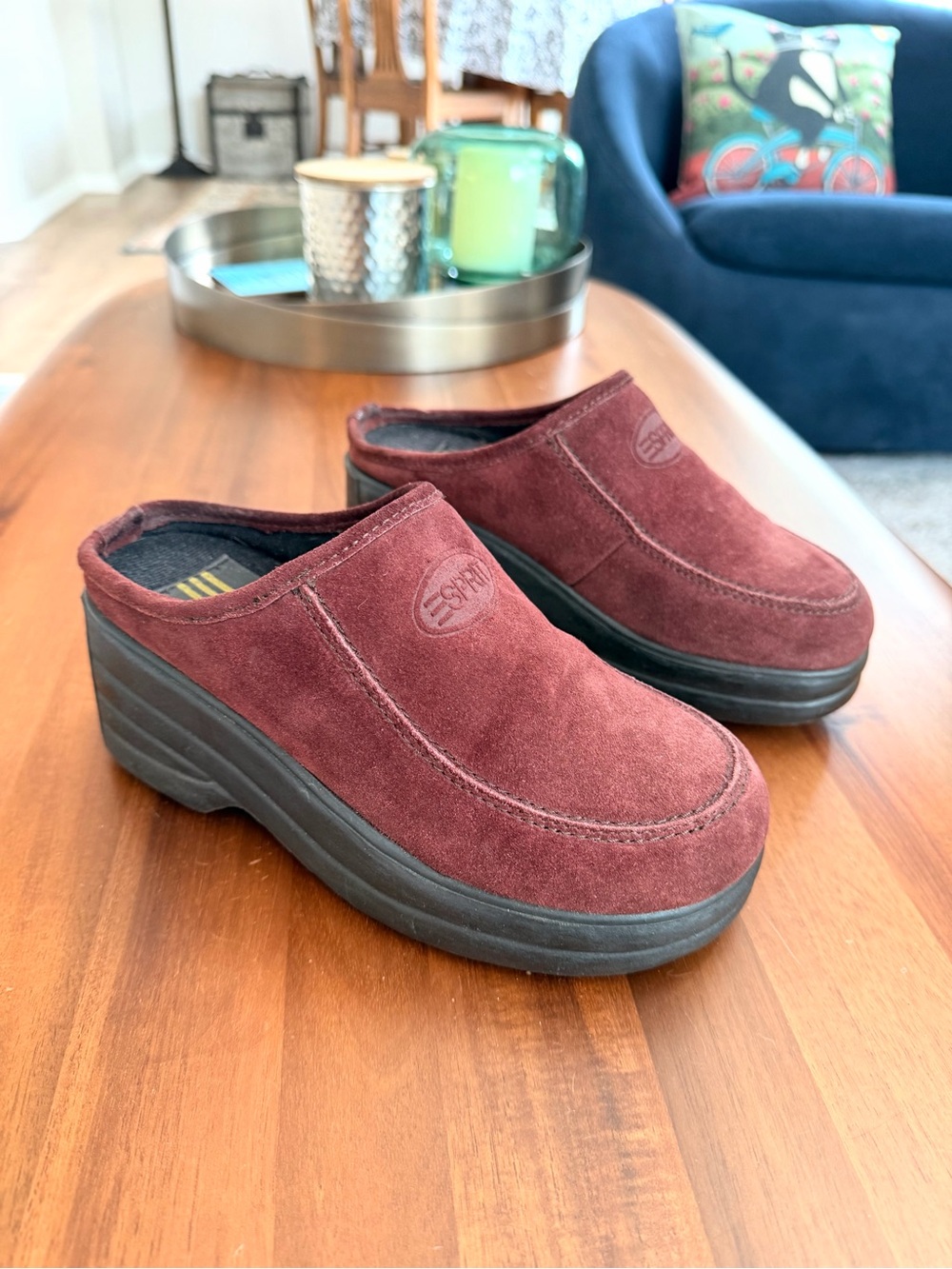 Vintage Esprit Burgundy Suede Leather Platform Clogs Mules Y2K Size 6